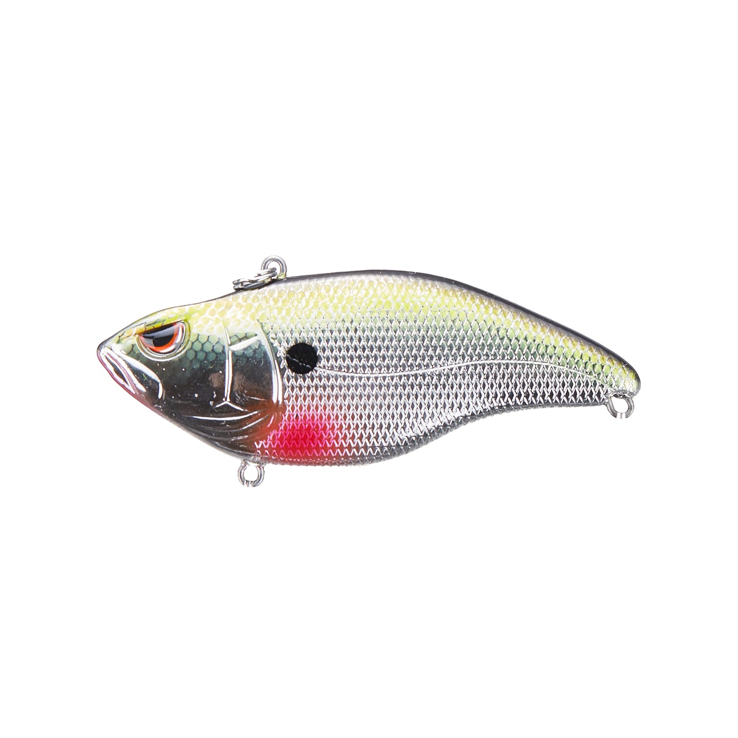 The SPRO Aruku Shad 75 Lipless Crankbait features a realistic fish shape, metallic silver scales, yellow-green top, red gill spot, dual attachment loops, and sharp Gamakatsu treble hooks—all shown on a white background.