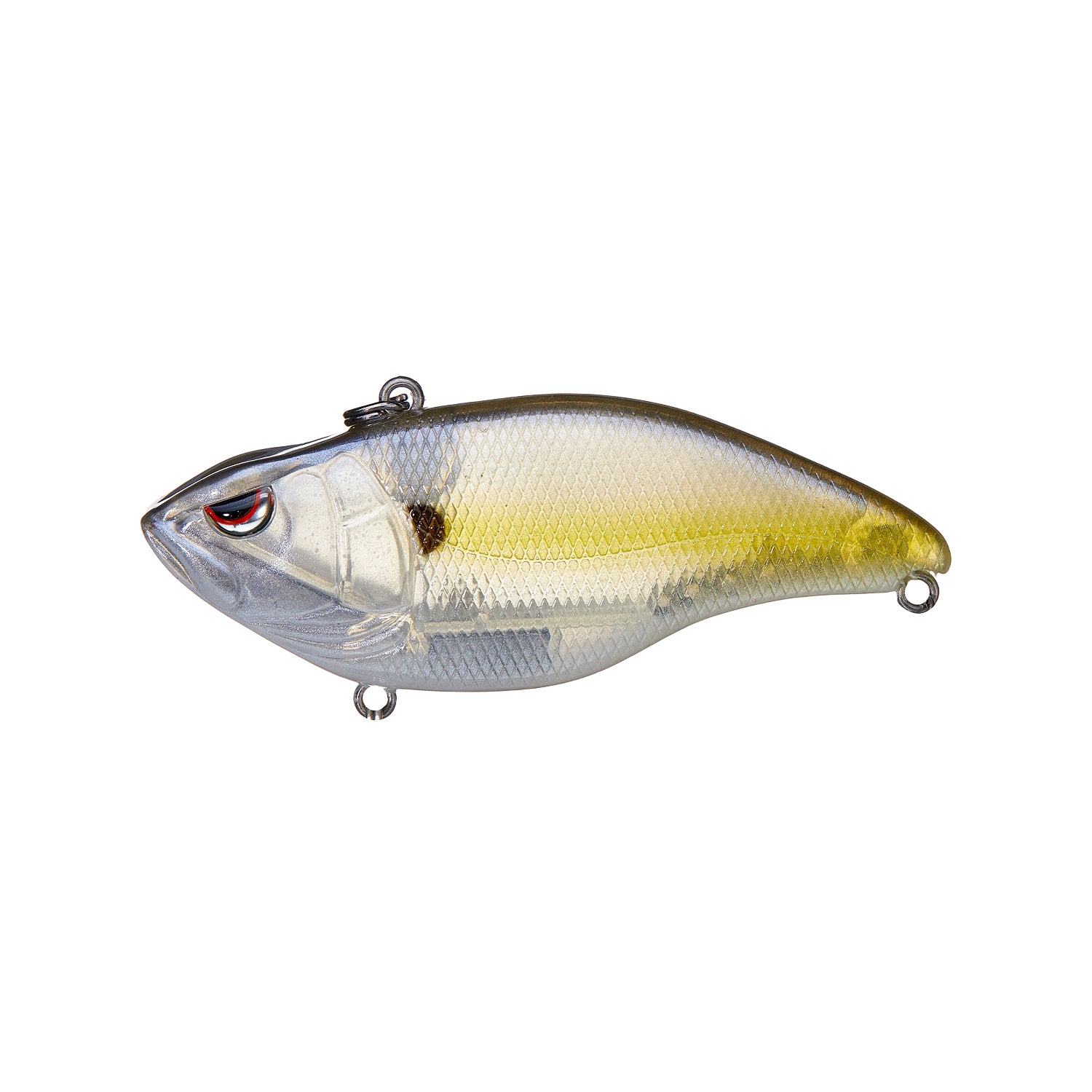 The SPRO Aruku Shad 75 Lipless Crankbait features a realistic fish shape, silver body with yellow stripe, dark back, red and black eye, and metal loops for fishing line or Gamakatsu treble hooks.