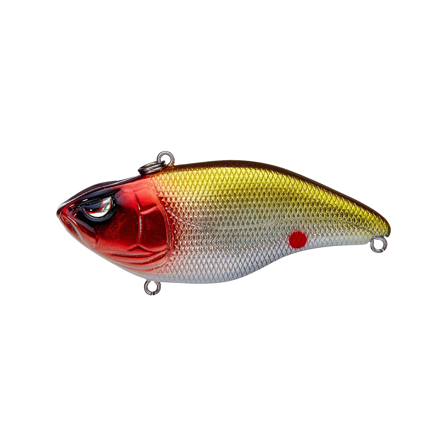 The SPRO Aruku Shad 65 Lipless Crankbait is a fish-shaped lure with a red head, metallic gold back, white underbelly with a red spot, textured scale surface, and top and bottom attachment loops.