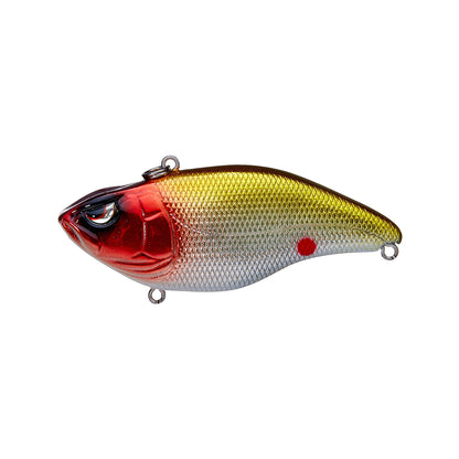 The SPRO Aruku Shad 65 Lipless Crankbait is a fish-shaped lure with a red head, metallic gold back, white underbelly with a red spot, textured scale surface, and top and bottom attachment loops.