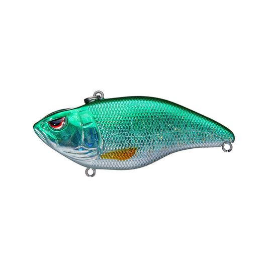 The SPRO Aruku Shad 60 Lipless Crankbait is a green and silver fish-shaped lure with red eyes, a scale pattern, and two metal attachment rings, shown isolated on a white background.