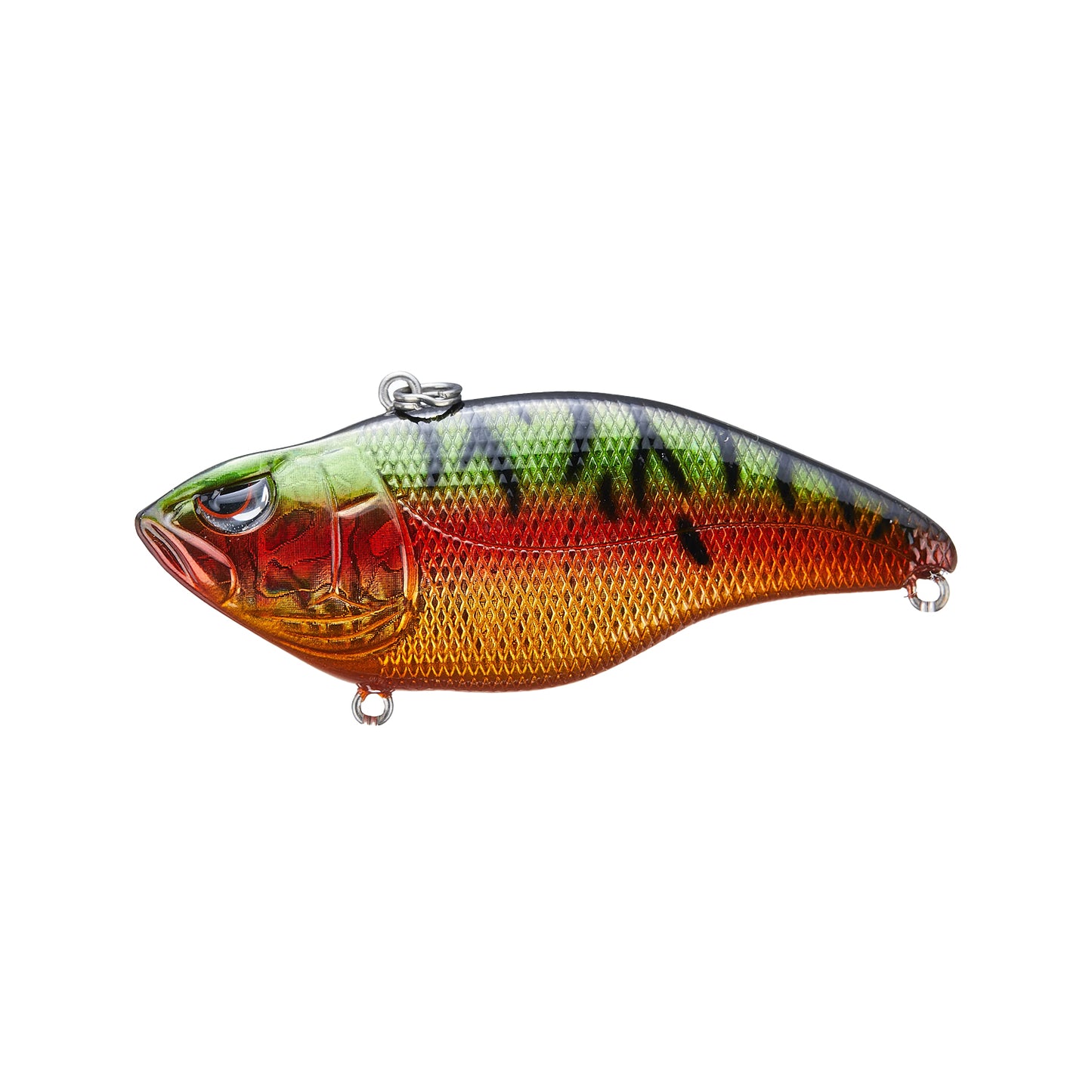 The SPRO Aruku Shad 75 Lipless Crankbait is a fish-shaped lure featuring green, yellow, red, and orange colors with a scaled texture, two attachment loops, Gamakatsu treble hooks, and a detailed eye.