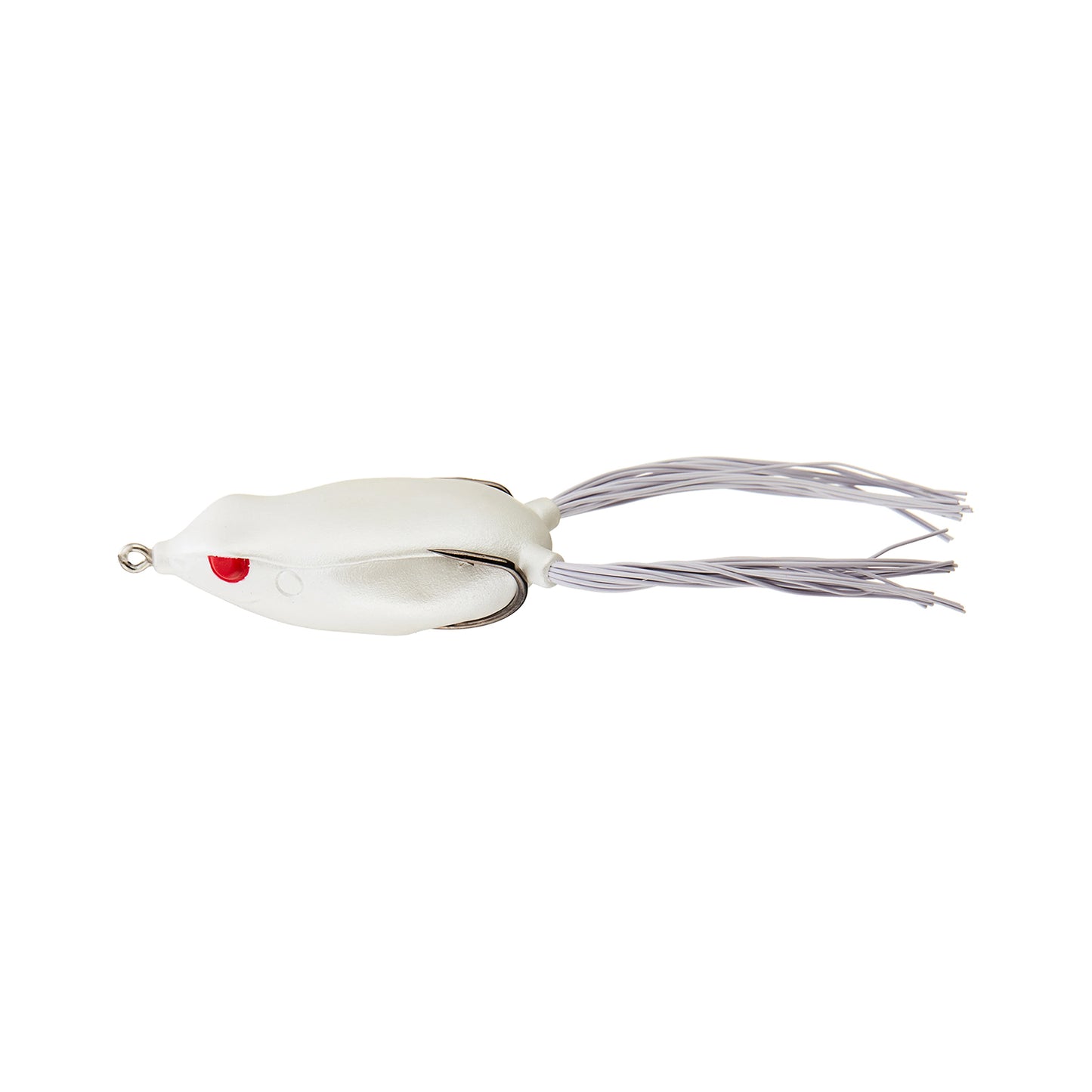 The SPRO Bronzeye Frog 65 is a white, soft-bodied frog-shaped bass lure featuring a red eye spot and long, thin white rubber skirt strands extending from the back.