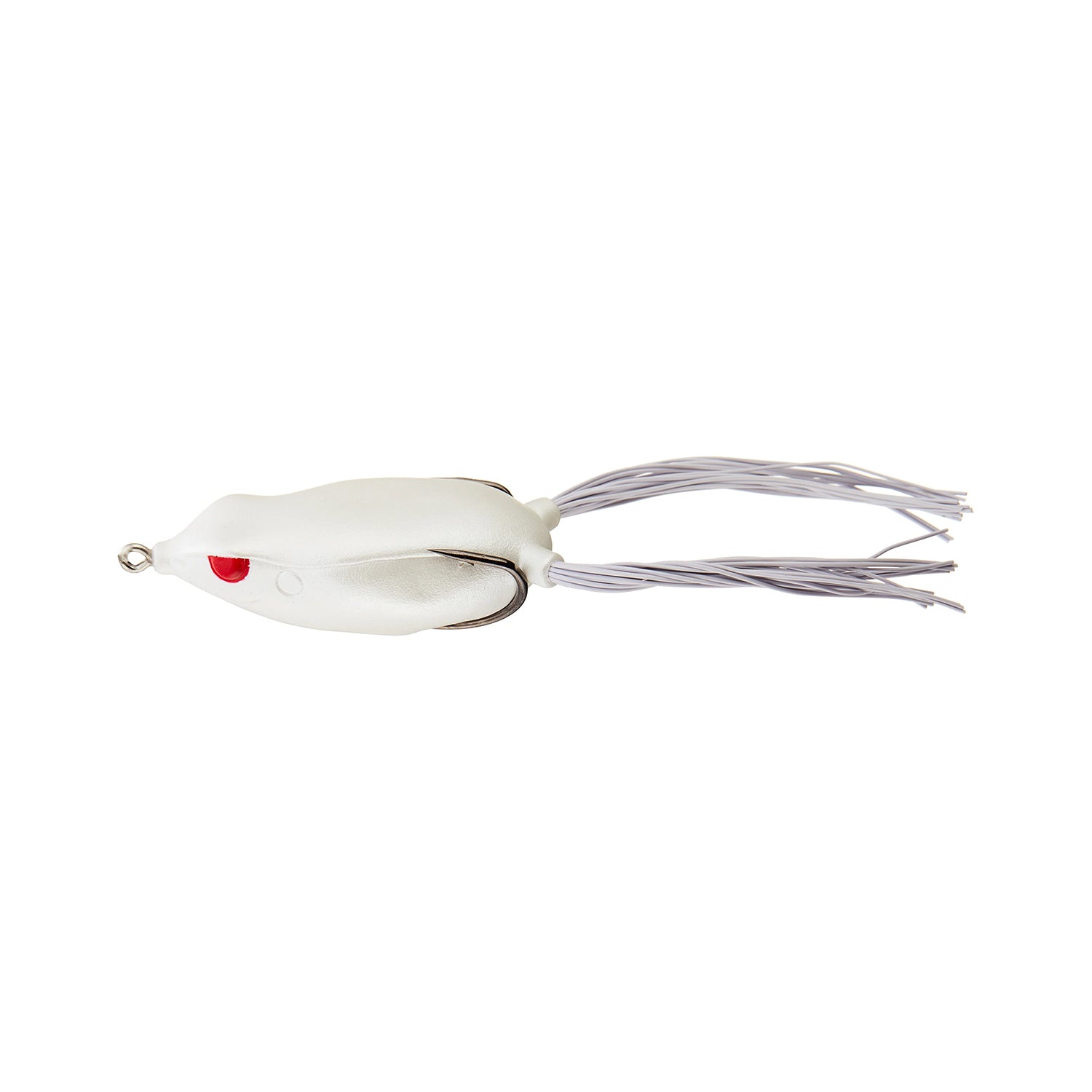 The SPRO Bronzeye Frog 65 is a white, soft-bodied frog-shaped bass lure featuring a red eye spot and long, thin white rubber skirt strands extending from the back.