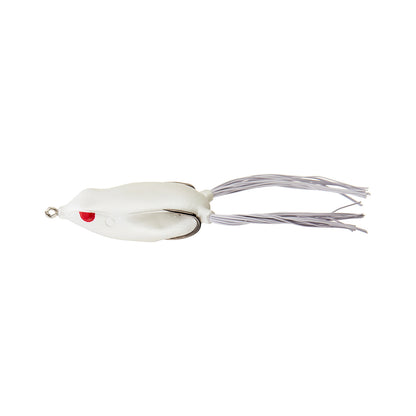 The SPRO Bronzeye Frog 65 is a white, soft-bodied frog-shaped bass lure featuring a red eye spot and long, thin white rubber skirt strands extending from the back.