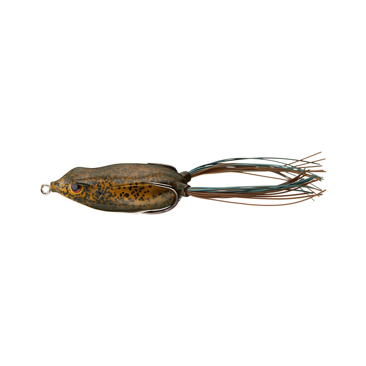 The SPRO Bronzeye Frog 65 fishing lure features a brown and green body with black spots, long flexible legs, and is ideal for heavy cover; shown here against a white background.