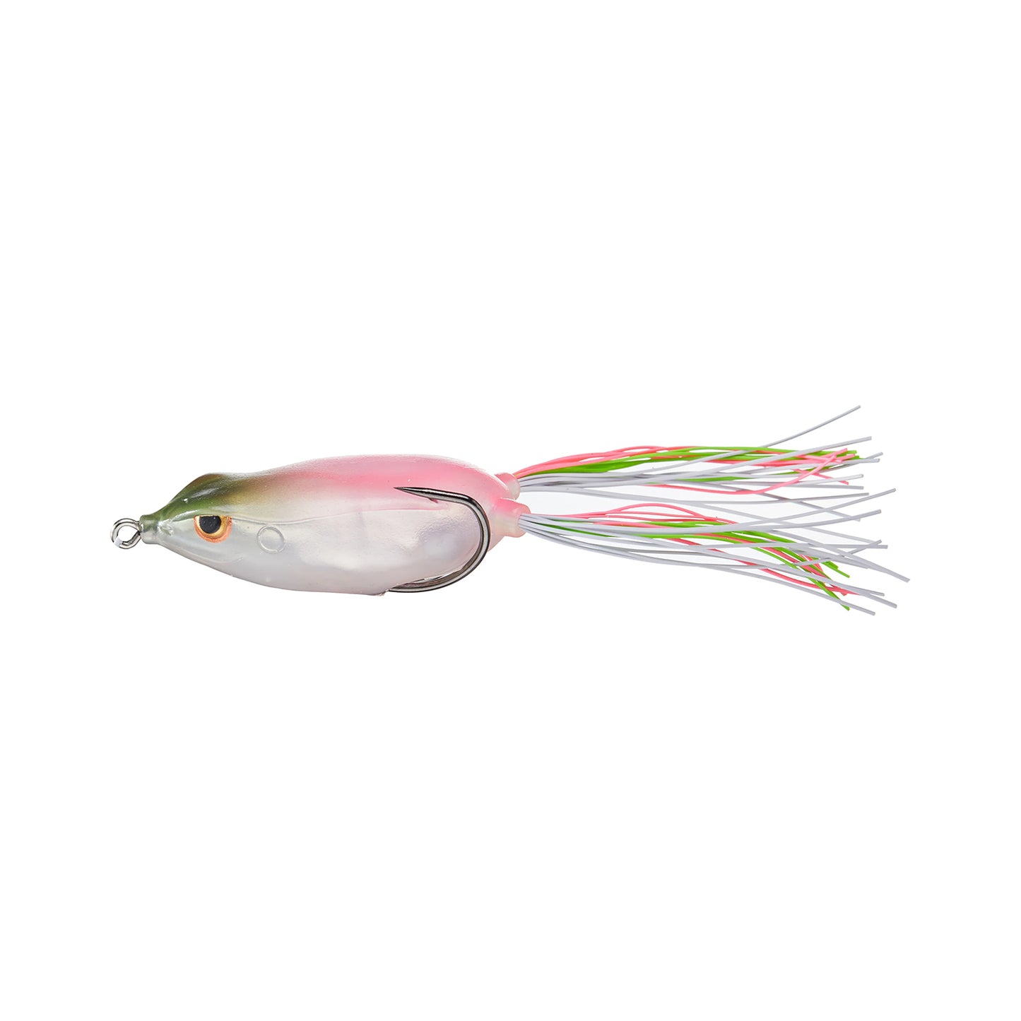 The SPRO Bronzeye Frog 65 is a fishing lure with a green and pink body, lifelike eye, and multi-colored rubber skirt strands—ideal for catching big bass in heavy cover.