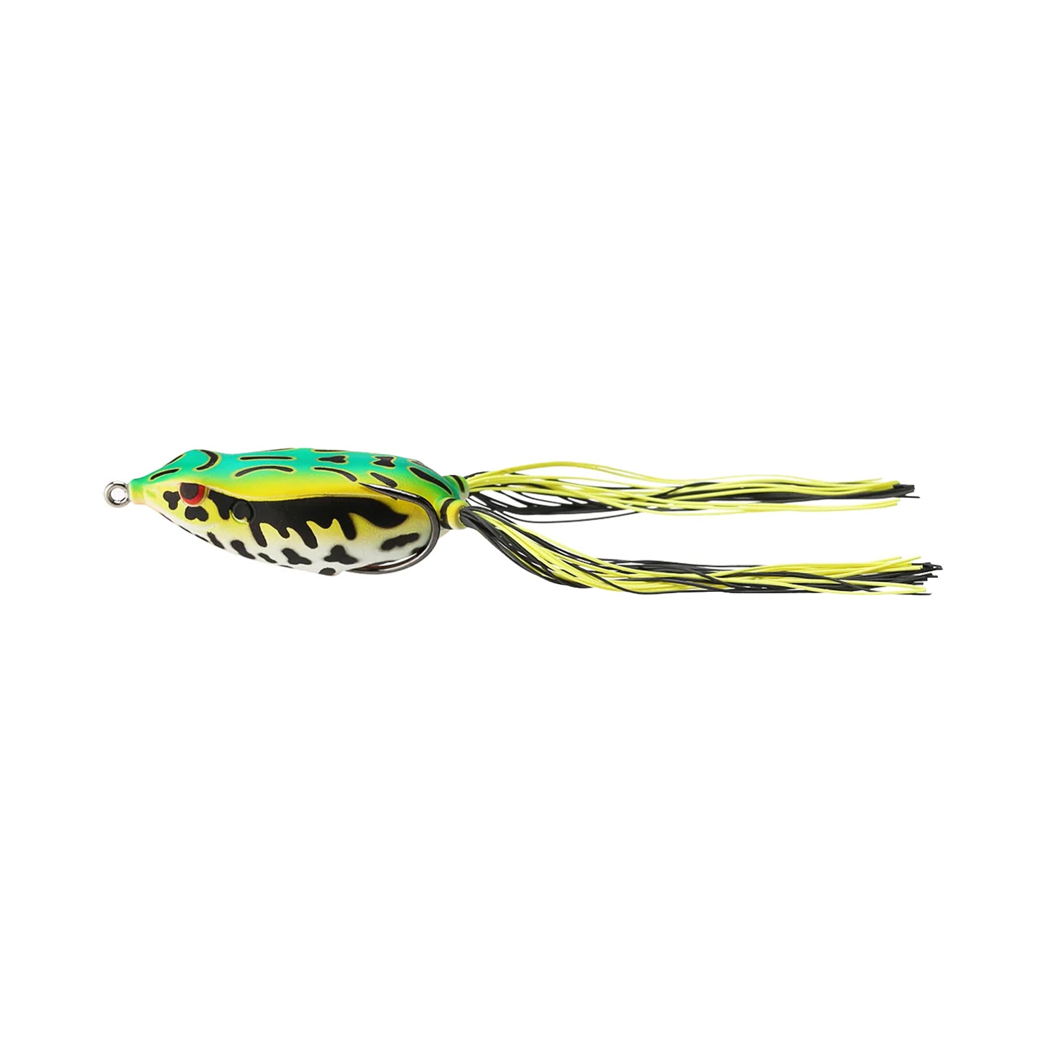 The SPRO Bronzeye Frog 65 fishing lure features a green and yellow body with black spots and long, thin trailing legs, designed for heavy cover, shown on a white background.