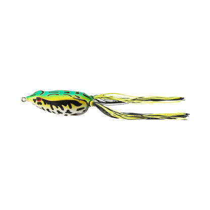 The SPRO Bronzeye Frog 65 fishing lure features a green and yellow body with black spots and long, thin trailing legs, designed for heavy cover, shown on a white background.