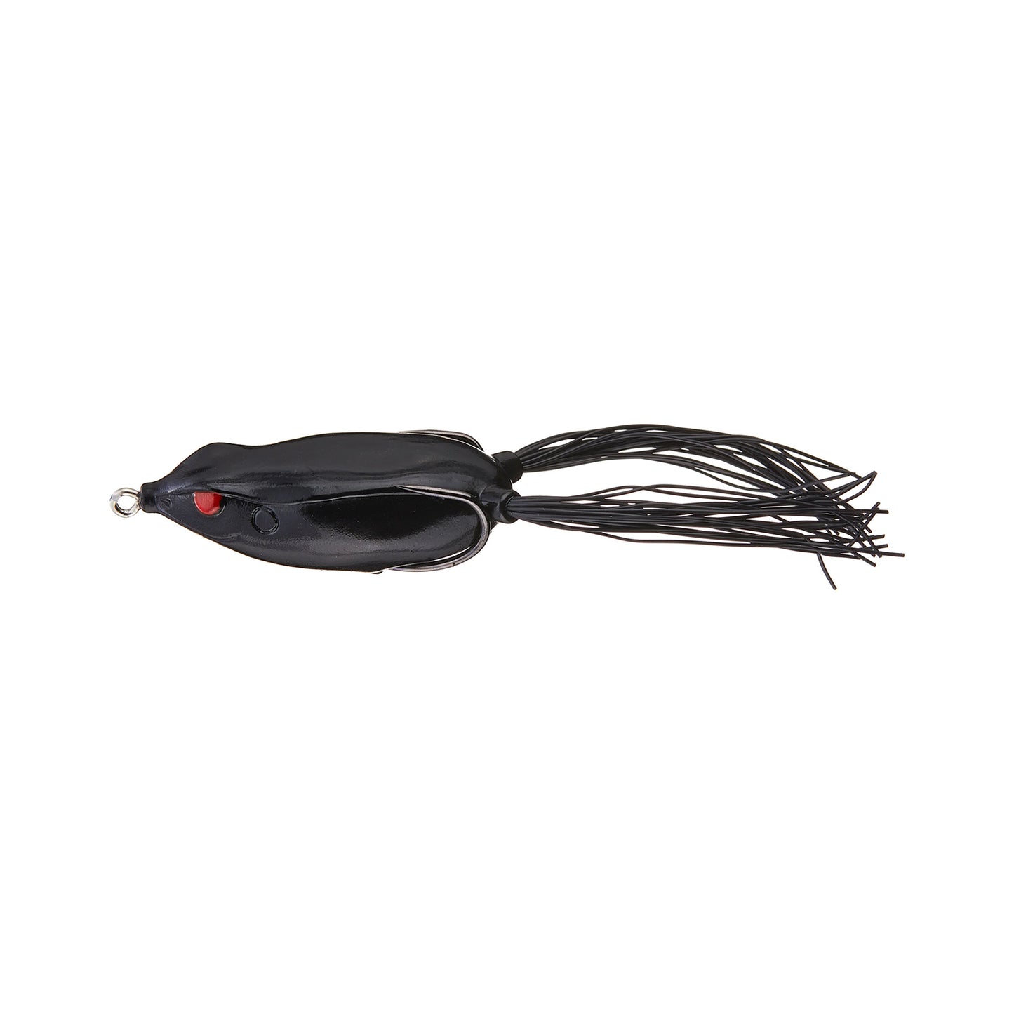 The SPRO Bronzeye Frog 65 is a black frog fishing lure with a red eye and long rubber strands at the back, ideal for heavy cover, shown on a white background.