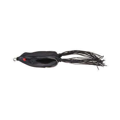 The SPRO Bronzeye Frog 65 is a black frog fishing lure with a red eye and long rubber strands at the back, ideal for heavy cover, shown on a white background.