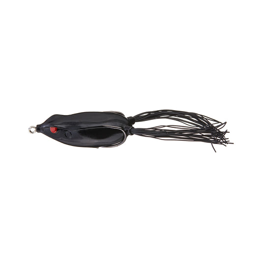 The SPRO Bronzeye Frog 65 is a black frog fishing lure with a red eye and long rubber strands at the back, ideal for heavy cover, shown on a white background.