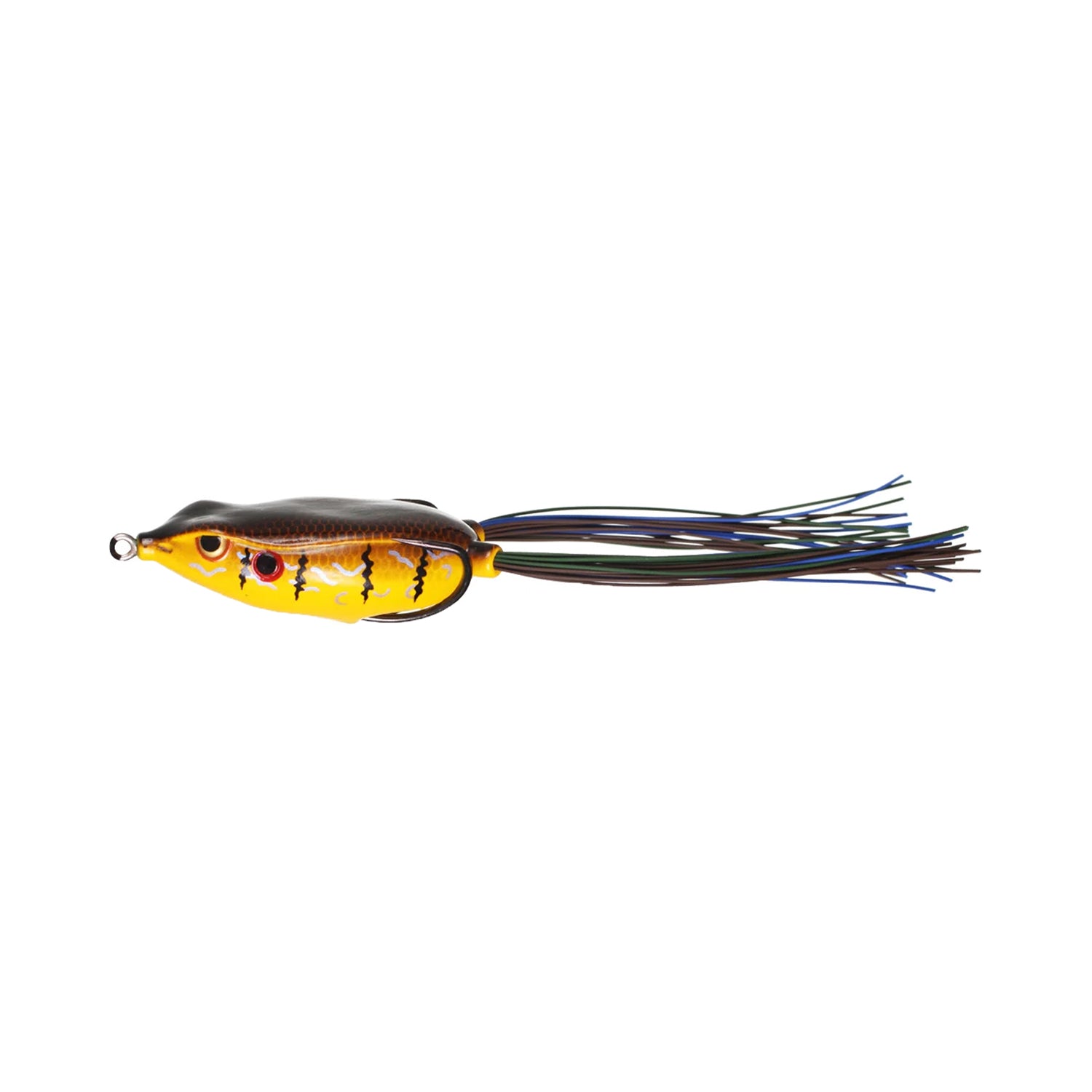 The SPRO Bronzeye Frog 65 is a yellow and black frog-shaped fishing lure with painted eyes, dark markings, and multi-colored rubber leg strands—perfect for heavy cover.
