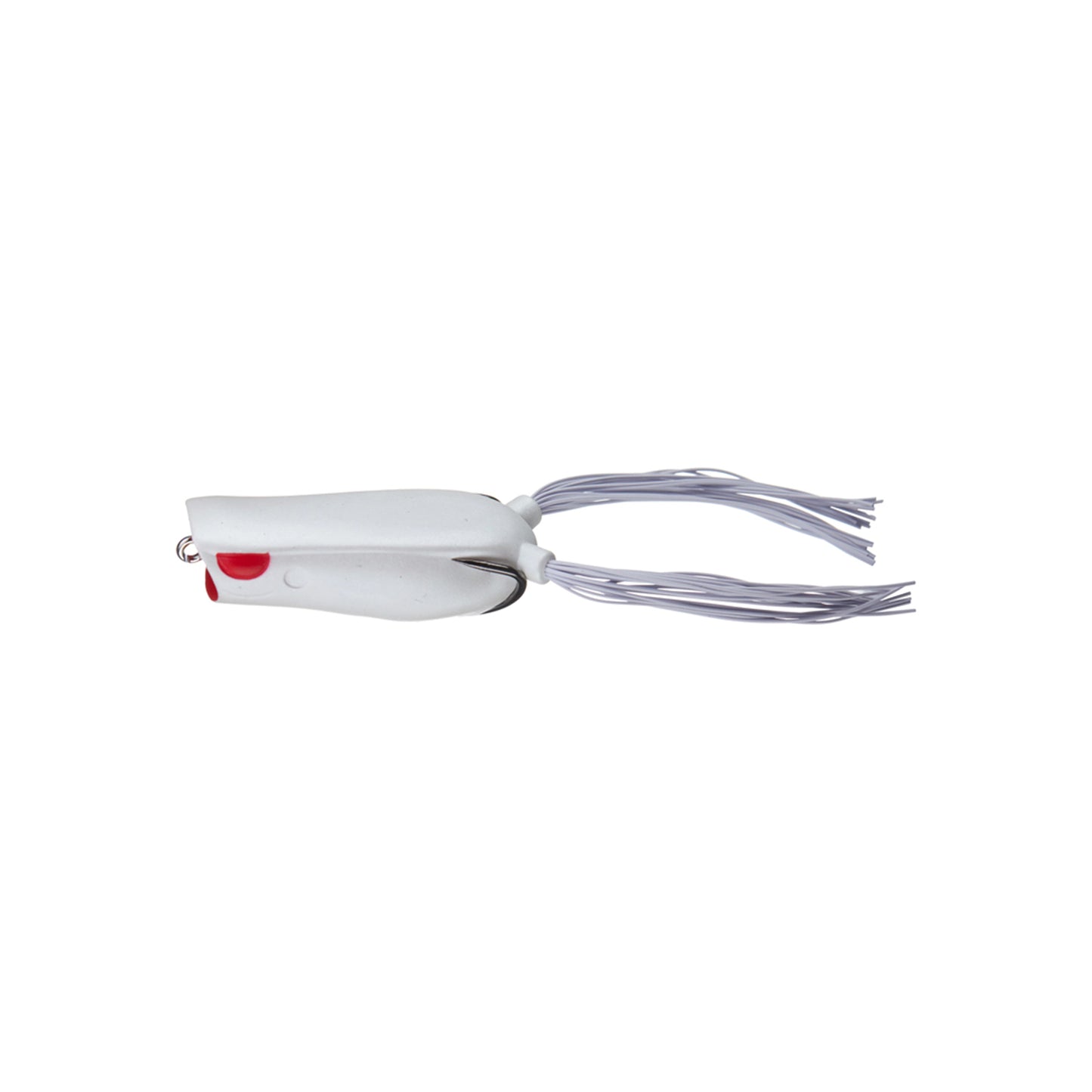 A SPRO Bronzeye Pop 60 bass lure, white with a rounded body, red accent near the Gamakatsu double hook, and long silvery trailing strands at the rear, shown isolated on a white background.