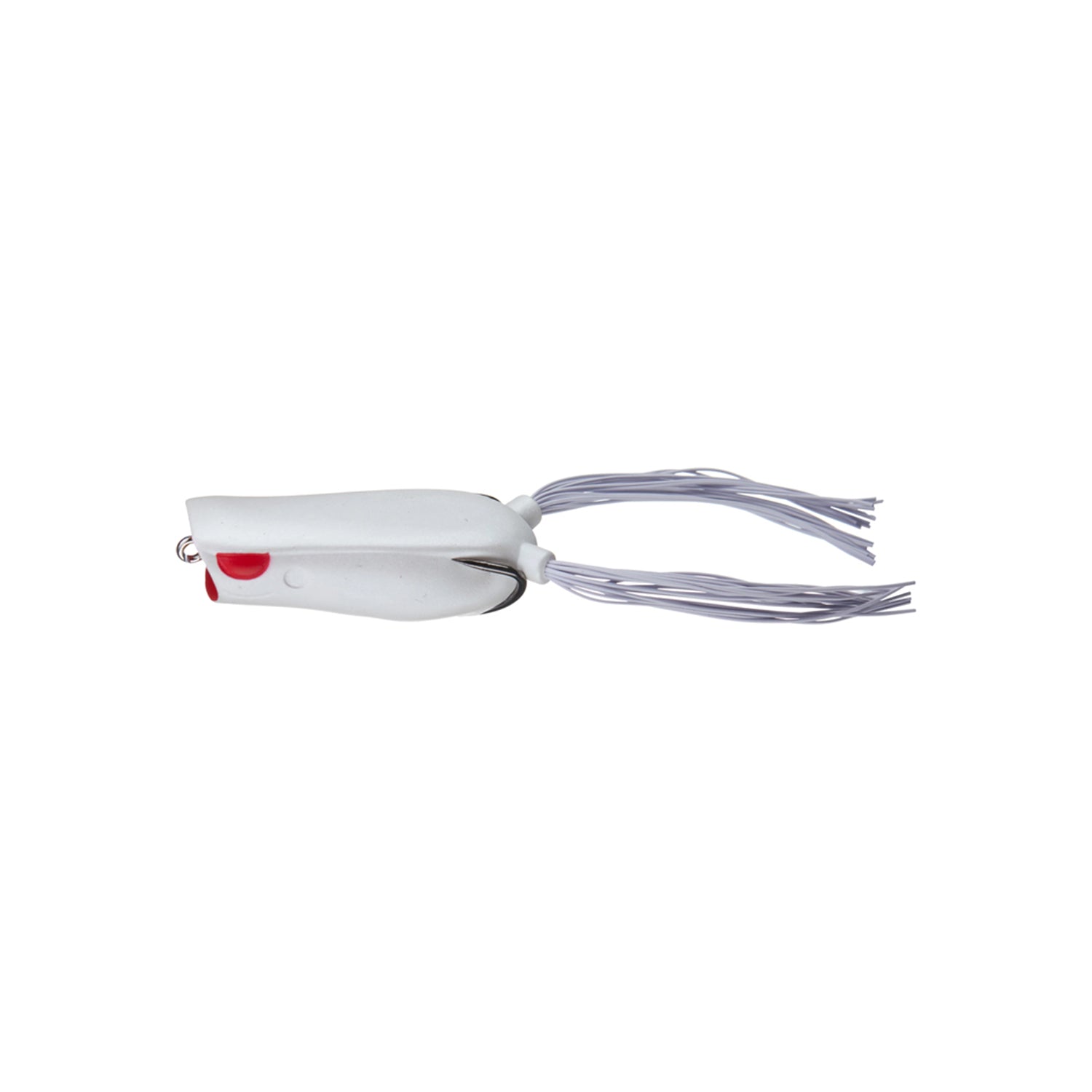 A SPRO Bronzeye Pop 60 bass lure, white with a rounded body, red accent near the Gamakatsu double hook, and long silvery trailing strands at the rear, shown isolated on a white background.