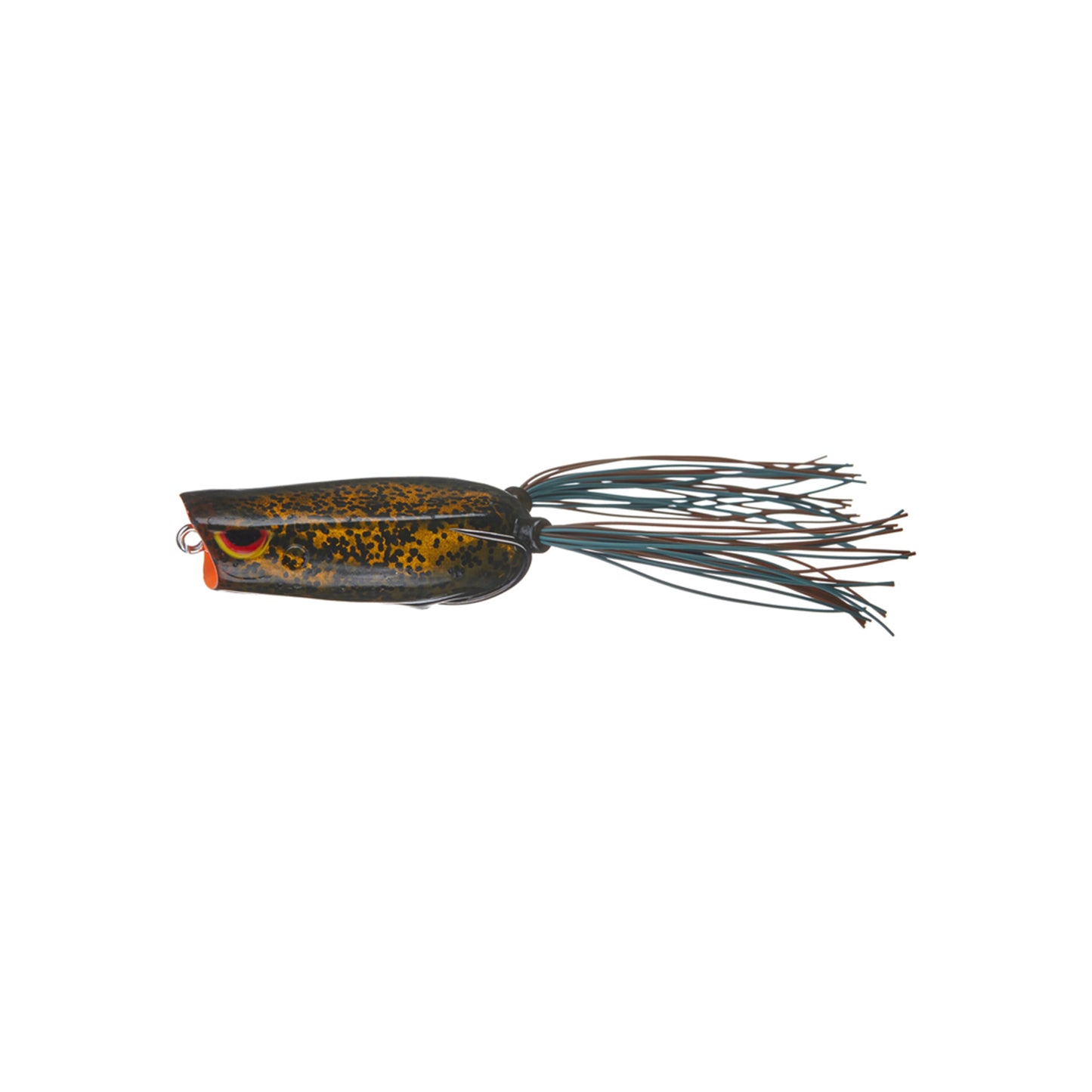 A close-up of the SPRO Bronzeye Pop 60 bass fishing lure, designed like a frog with a yellow and black speckled body, red mouth, and long thin rubber strands extending from the back.