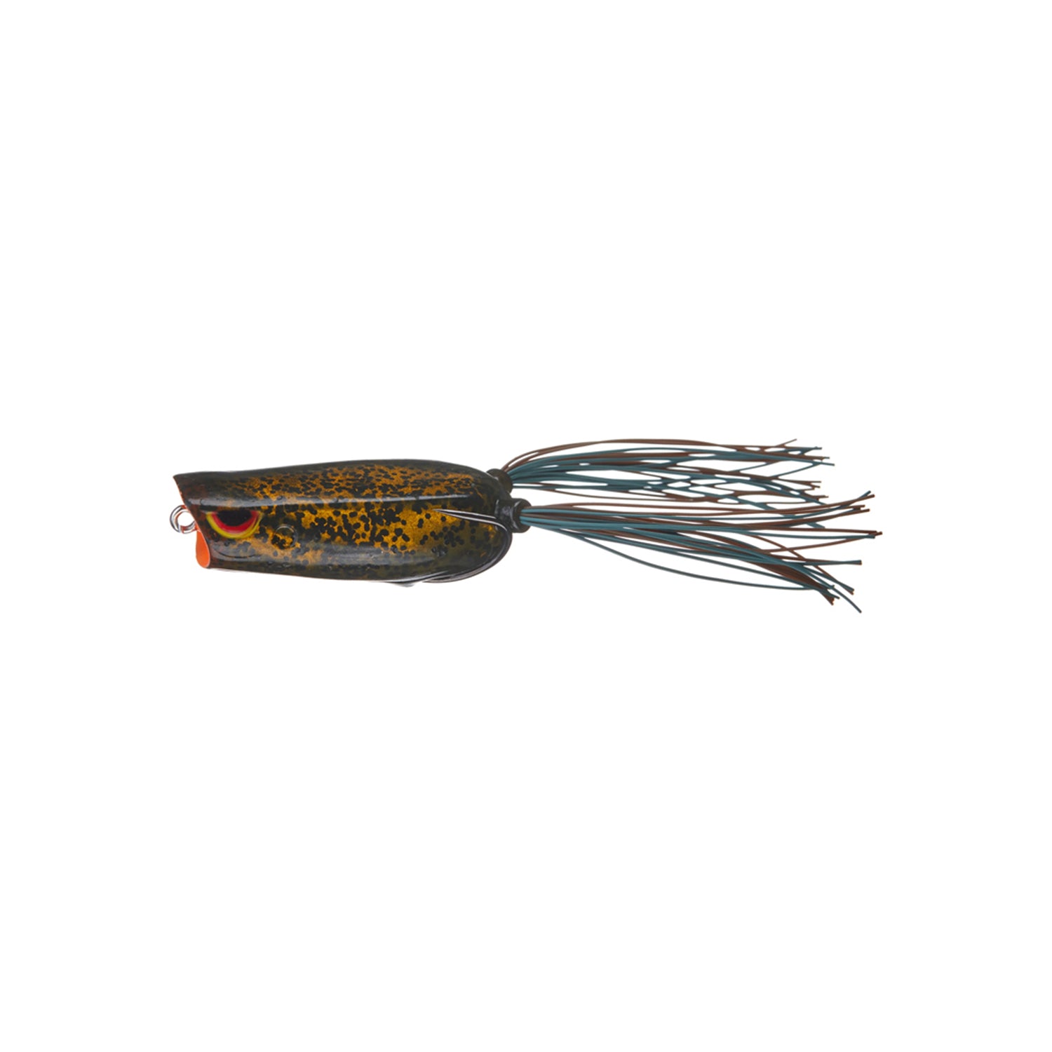 A close-up of the SPRO Bronzeye Pop 60 bass fishing lure, designed like a frog with a yellow and black speckled body, red mouth, and long thin rubber strands extending from the back.