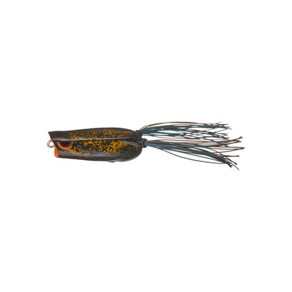 A close-up of the SPRO Bronzeye Pop 60 bass fishing lure, designed like a frog with a yellow and black speckled body, red mouth, and long thin rubber strands extending from the back.