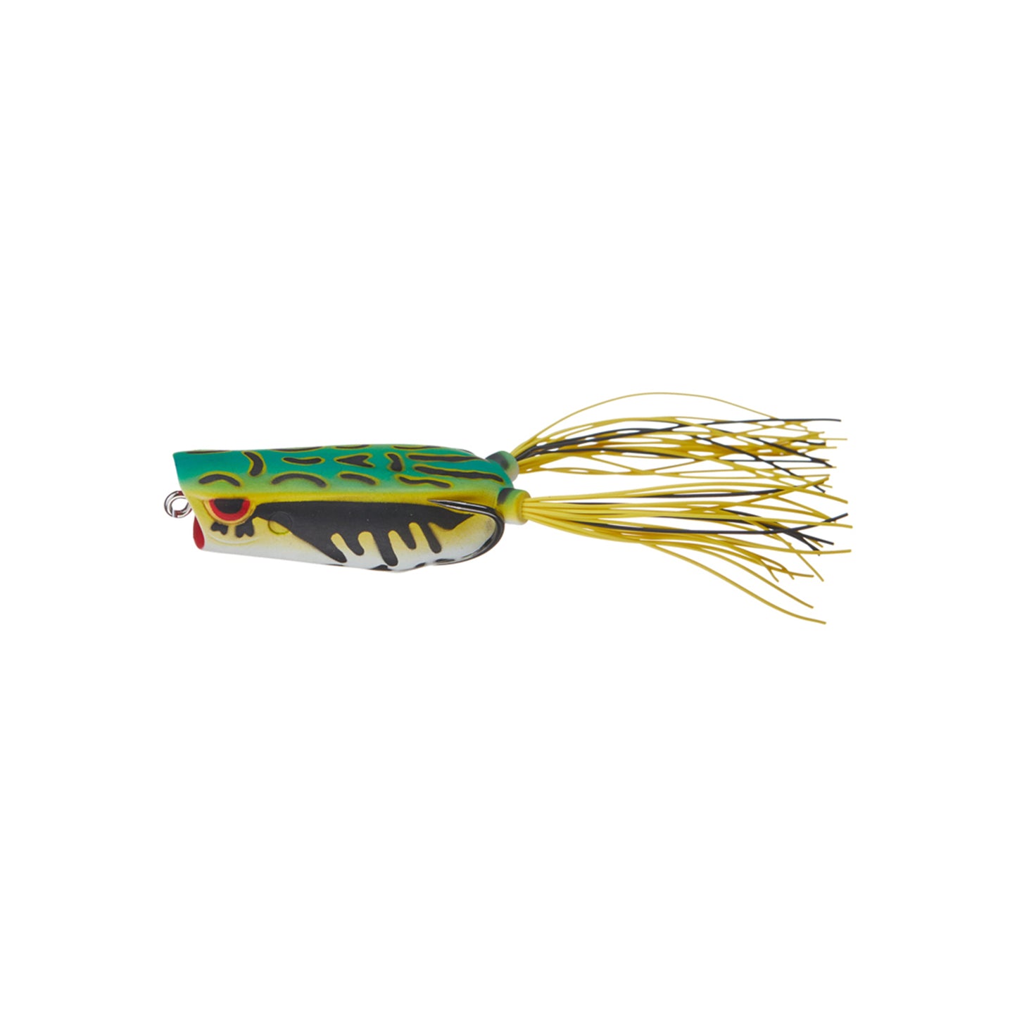 The SPRO Bronzeye Pop 60 is a colorful frog-shaped bass fishing lure with a green and blue body, black and white markings, red accents, yellow rubber tail strands, and a sharp Gamakatsu double hook.