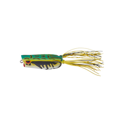 The SPRO Bronzeye Pop 60 is a colorful frog-shaped bass fishing lure with a green and blue body, black and white markings, red accents, yellow rubber tail strands, and a sharp Gamakatsu double hook.