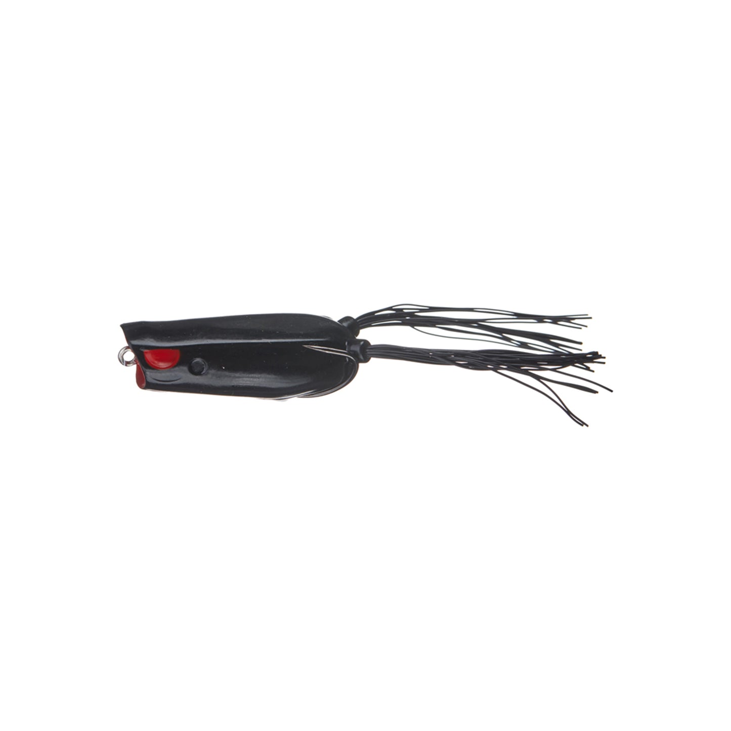 The SPRO Bronzeye Pop 60 is a black frog-shaped bass fishing lure with red accents, a cylindrical body, long thin rubber skirt strands at the back, and a sharp Gamakatsu double hook for reliable catches.
