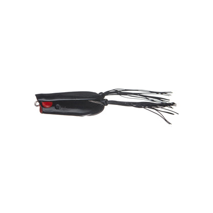 The SPRO Bronzeye Pop 60 is a black frog-shaped bass fishing lure with red accents, a cylindrical body, long thin rubber skirt strands at the back, and a sharp Gamakatsu double hook for reliable catches.