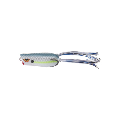The SPRO Bronzeye Pop 60 is a bass fishing lure shaped like a small fish, featuring a white, gray, and green body with black spots, red mouth, long blue and white skirt, and a sharp Gamakatsu double hook.