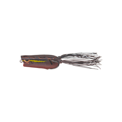 The SPRO Bronzeye Pop 60 is a brown and black frog-shaped bass lure with a soft body, Gamakatsu Double Hook underneath, and long rubber skirt strands extending from the back.