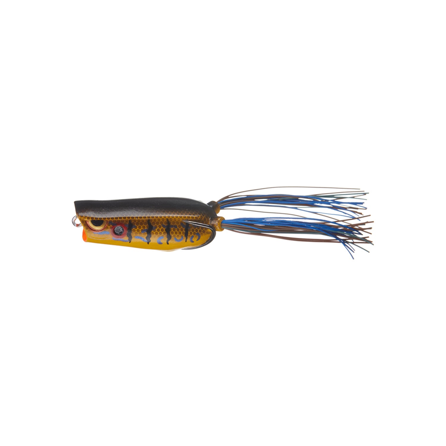 The SPRO Bronzeye Pop 60 is a colorful bass fishing lure with a yellow and black patterned body, red detail by the eye, long blue and black rubber strands at the back, and a sharp Gamakatsu double hook, shown isolated on white.