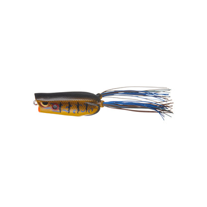 The SPRO Bronzeye Pop 60 is a colorful bass fishing lure with a yellow and black patterned body, red detail by the eye, long blue and black rubber strands at the back, and a sharp Gamakatsu double hook, shown isolated on white.