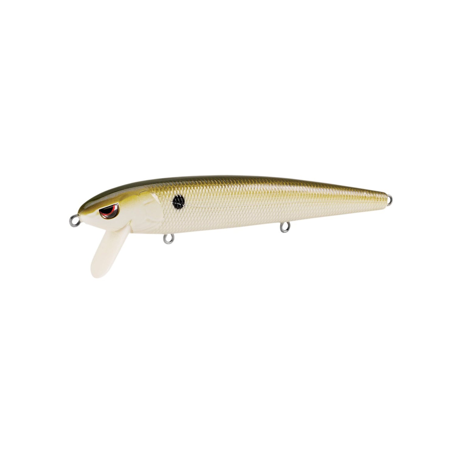 The SPRO Essential Series Zero Minnow Wakebait is a minnow-style lure with a light beige body, dark metallic back, white lip, red/black eyes, and attachment rings—ideal for bass fishing.