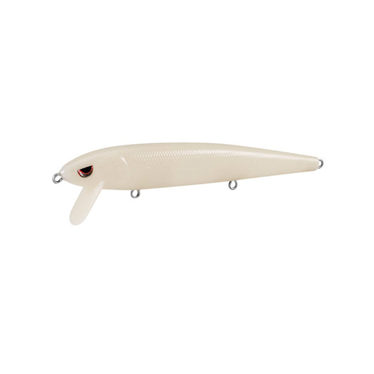 The SPRO Essential Series Zero Minnow Wakebait is a white, fish-shaped lure with red and black eyes, a small fin under the head, and three metal rings—ideal for bass fishing with its classic minnow-style wake bait design.