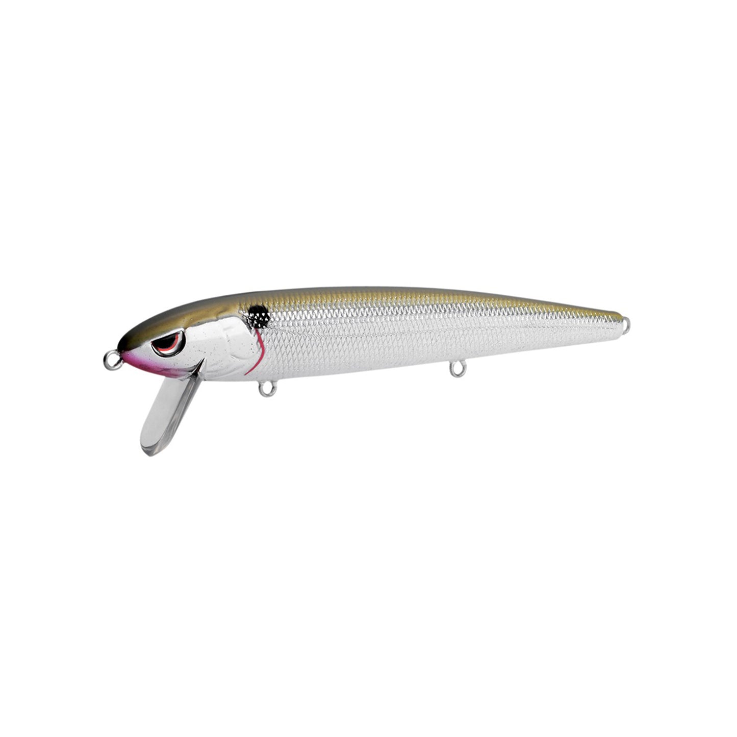 The SPRO Essential Series Zero Minnow Wakebait is a silver and gold fish-shaped lure with a shiny, textured body, small fin-like lip, and attachment rings—perfect for bass fishing.