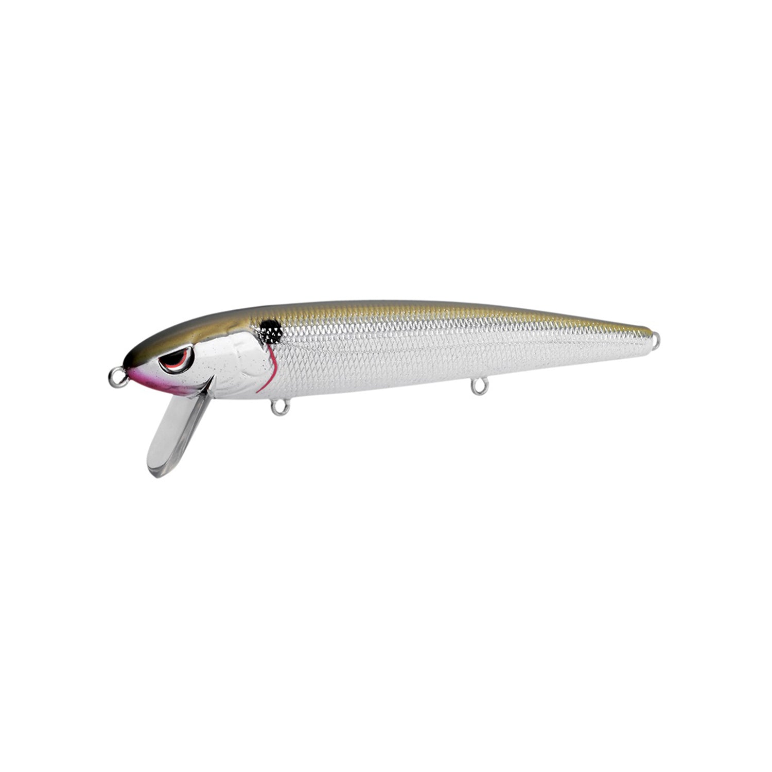 The SPRO Essential Series Zero Minnow Wakebait is a silver and gold fish-shaped lure with a shiny, textured body, small fin-like lip, and attachment rings—perfect for bass fishing.