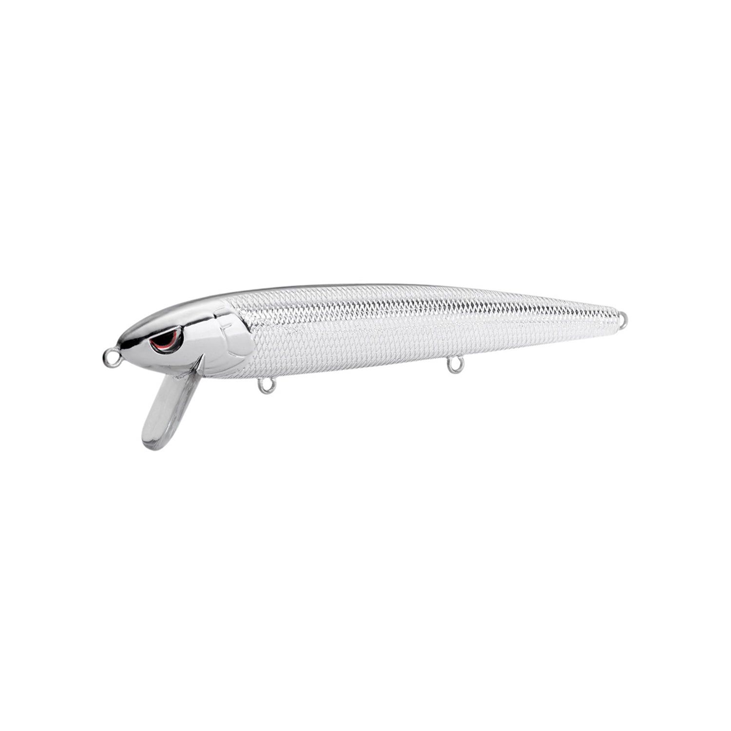 The SPRO Essential Series Zero Minnow Wakebait is a shiny silver lure with a scale-like texture, pointed nose, red and black eye detail, small fin underneath, and three attachment loops—ideal for bass fishing enthusiasts.