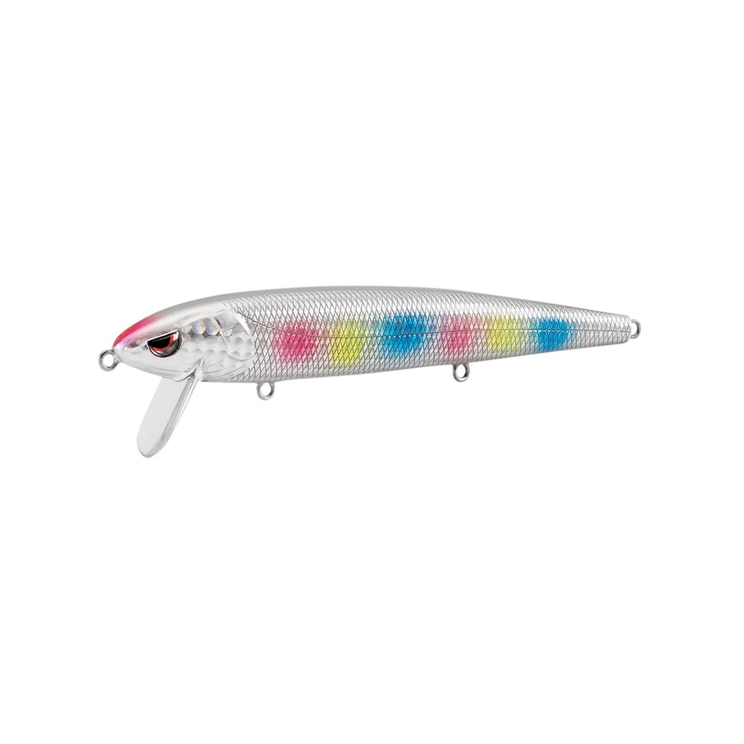 The SPRO Essential Series Zero Minnow Wakebait features a silver minnow design, textured body, clear fin, red and black eye, and vibrant blue, yellow, and pink spots—ideal for bass fishing. Try it for great results!.