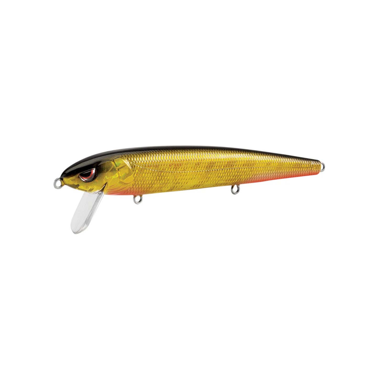 The SPRO Essential Series Zero Minnow Wakebait features a gold and black textured body, red-black eye, clear lip, and metal hook loops—perfect for bass fishing. Shown on a white background.
