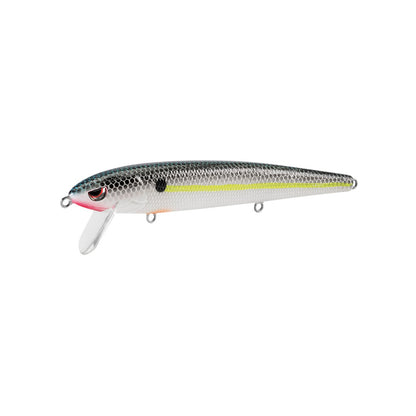 The SPRO Essential Series Zero Minnow Wakebait is a minnow-style lure with a silver and black scaled body, yellow stripe, red gill detail, and clear plastic lip—perfect for bass fishing.