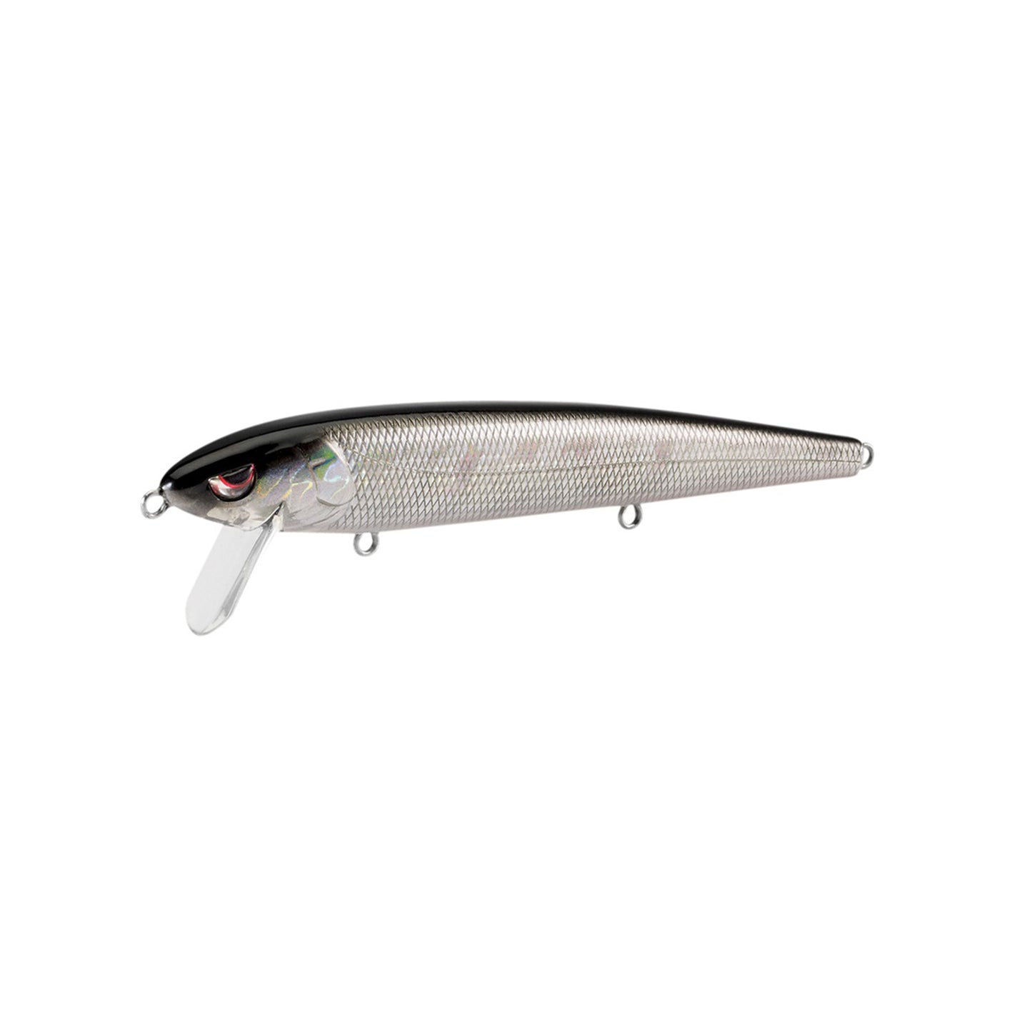 The SPRO Essential Series Zero Minnow Wakebait is a silver and black lure with a textured body, plastic lip, and two attachment rings, designed to mimic a small fish—ideal for bass fishing.