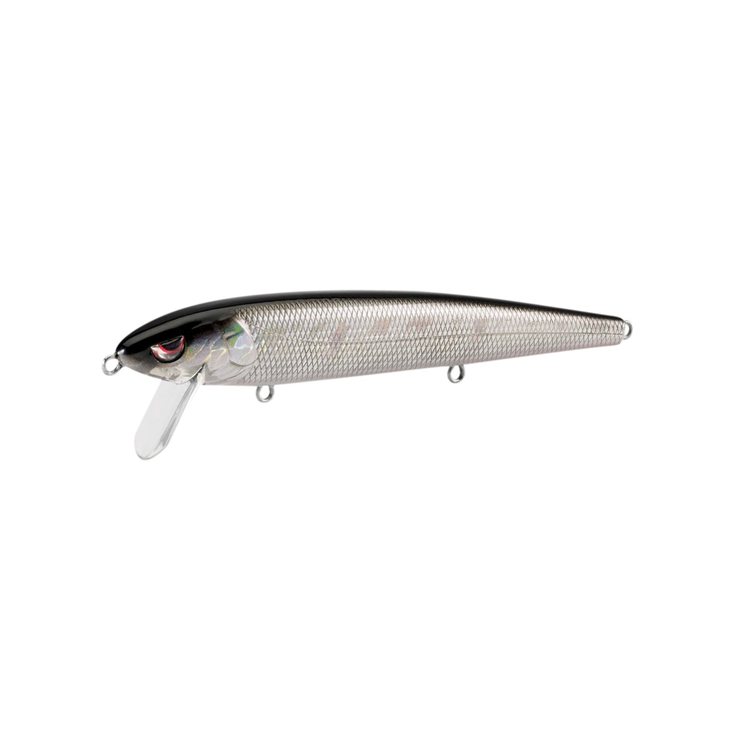 The SPRO Essential Series Zero Minnow Wakebait is a silver and black lure with a textured body, plastic lip, and two attachment rings, designed to mimic a small fish—ideal for bass fishing.