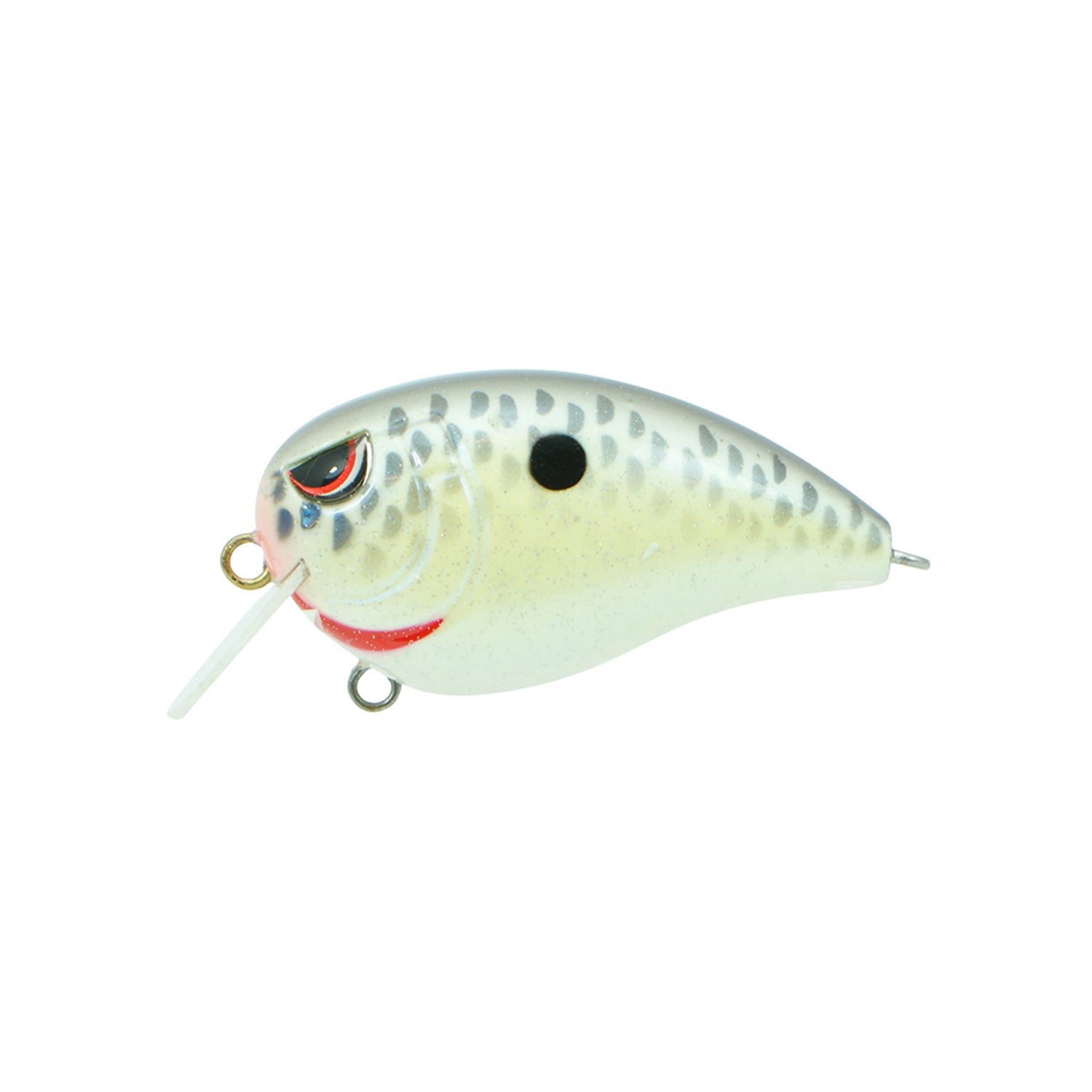 The SPRO Fat John 50 Crankbait in white/gray with black spots, red mouth, and painted eye features a small plastic bill, metal loops for line/hooks, and pairs perfectly with Gamakatsu treble hooks.