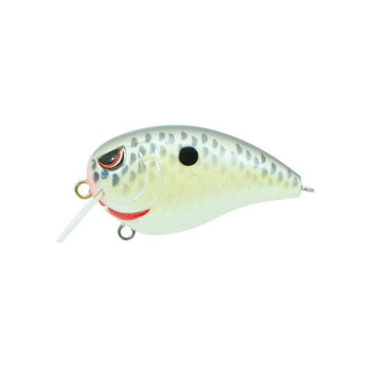 The SPRO Fat John 50 Crankbait in white/gray with black spots, red mouth, and painted eye features a small plastic bill, metal loops for line/hooks, and pairs perfectly with Gamakatsu treble hooks.