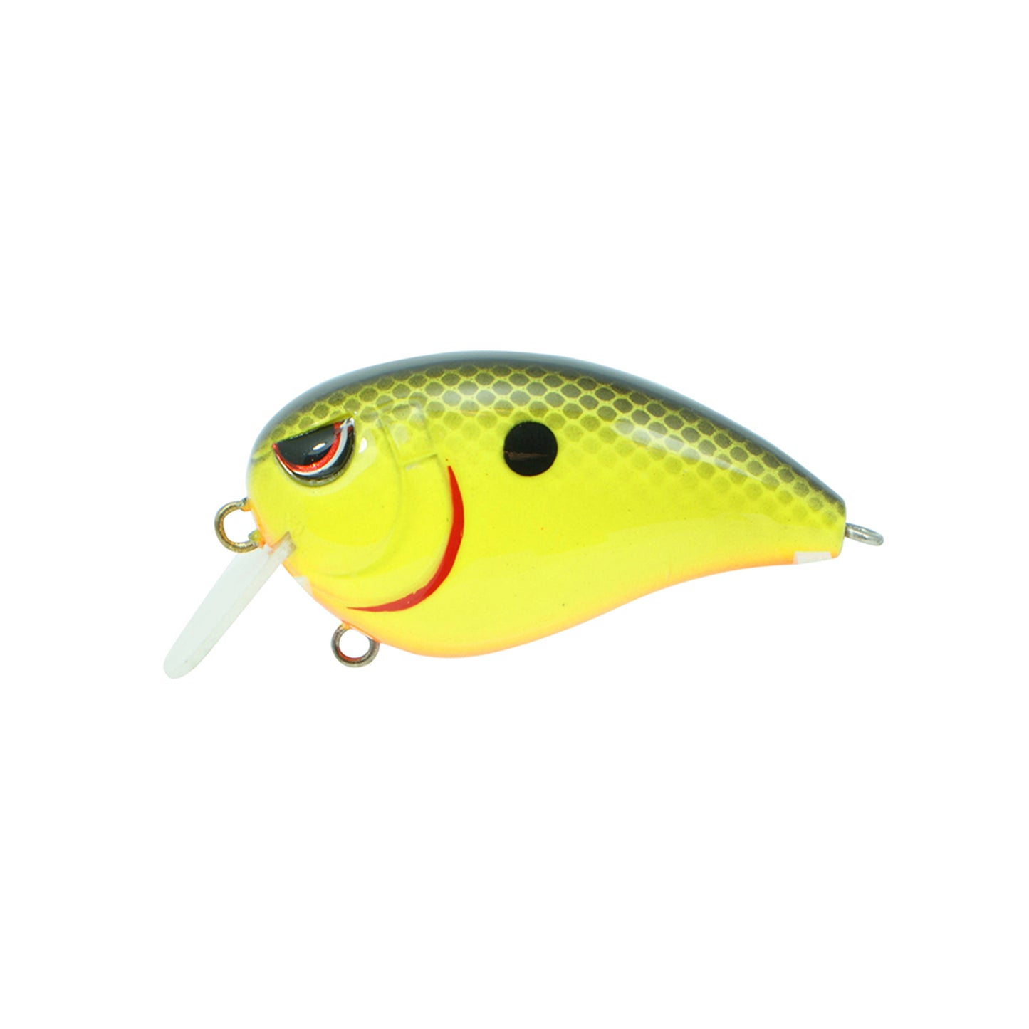 The SPRO Fat John 50 Crankbait is a brightly colored, square bill lure with a yellow-green body, black tail spot, red mark near the eye, Gamakatsu treble hooks, and a translucent plastic lip for diving.