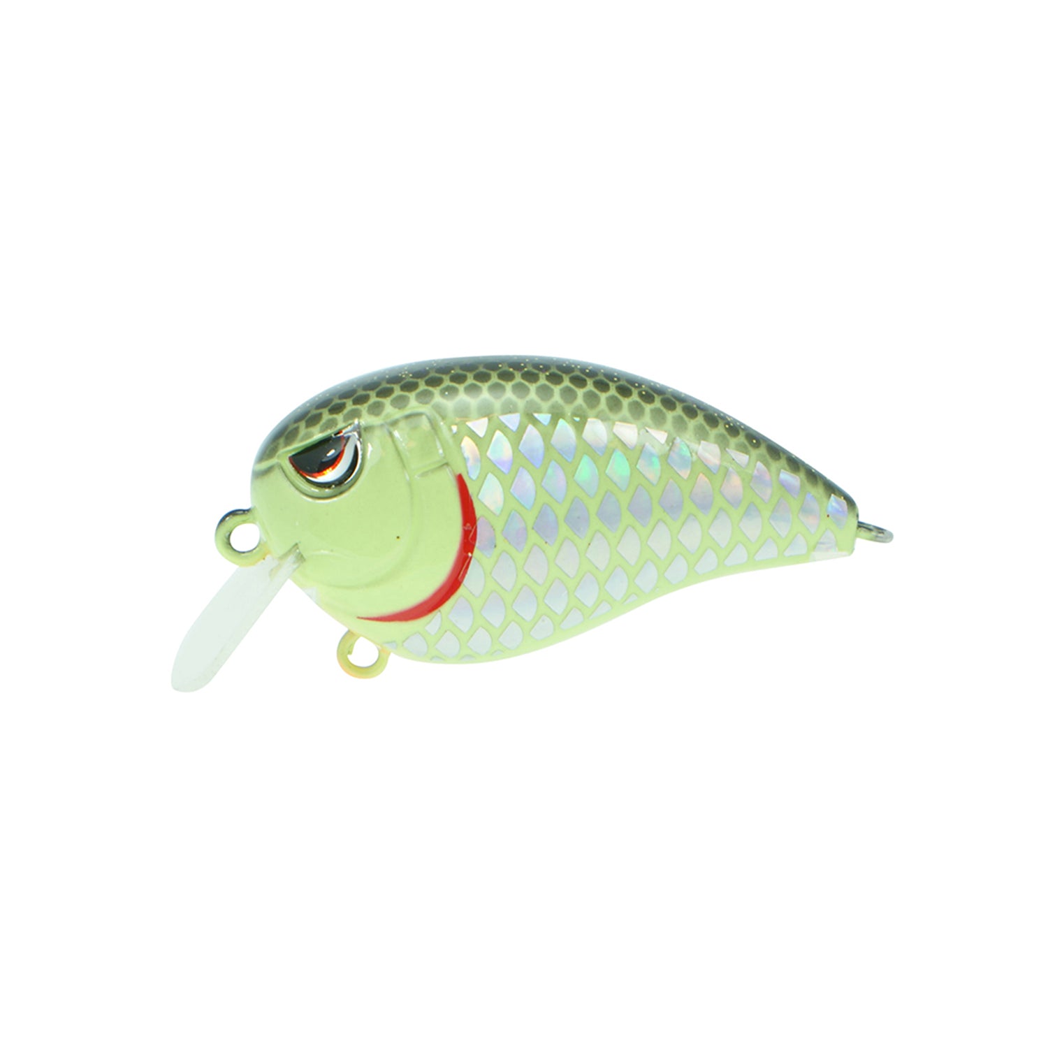 The SPRO Fat John 50 Crankbait, in green and silver with a scale pattern, red/black eye, red gill accent, square bill, and sharp Gamakatsu treble hooks, is shown on a white background.