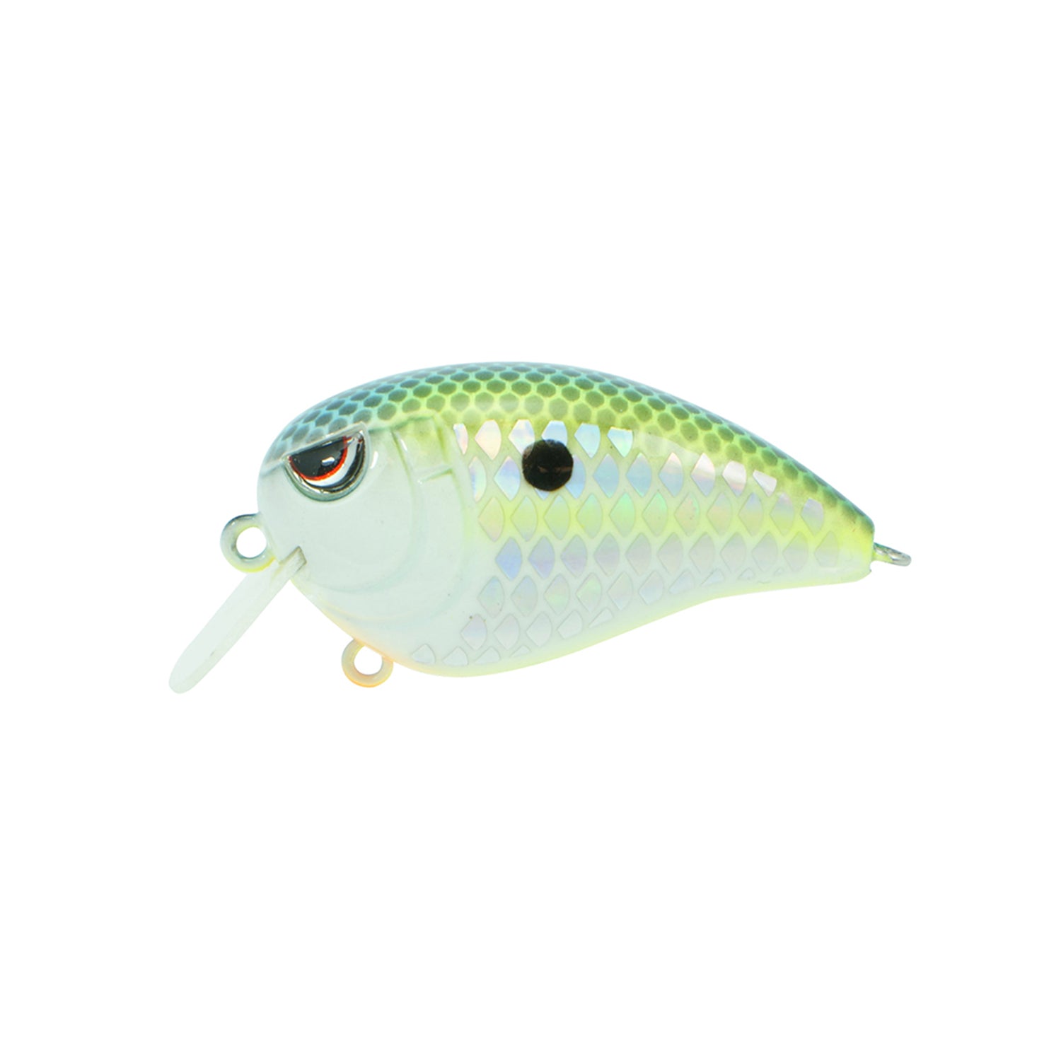 The SPRO Fat John 50 Crankbait is a fish-shaped lure with a green and white scale pattern, black head spot, Gamakatsu treble hooks, and a small plastic lip for diving.