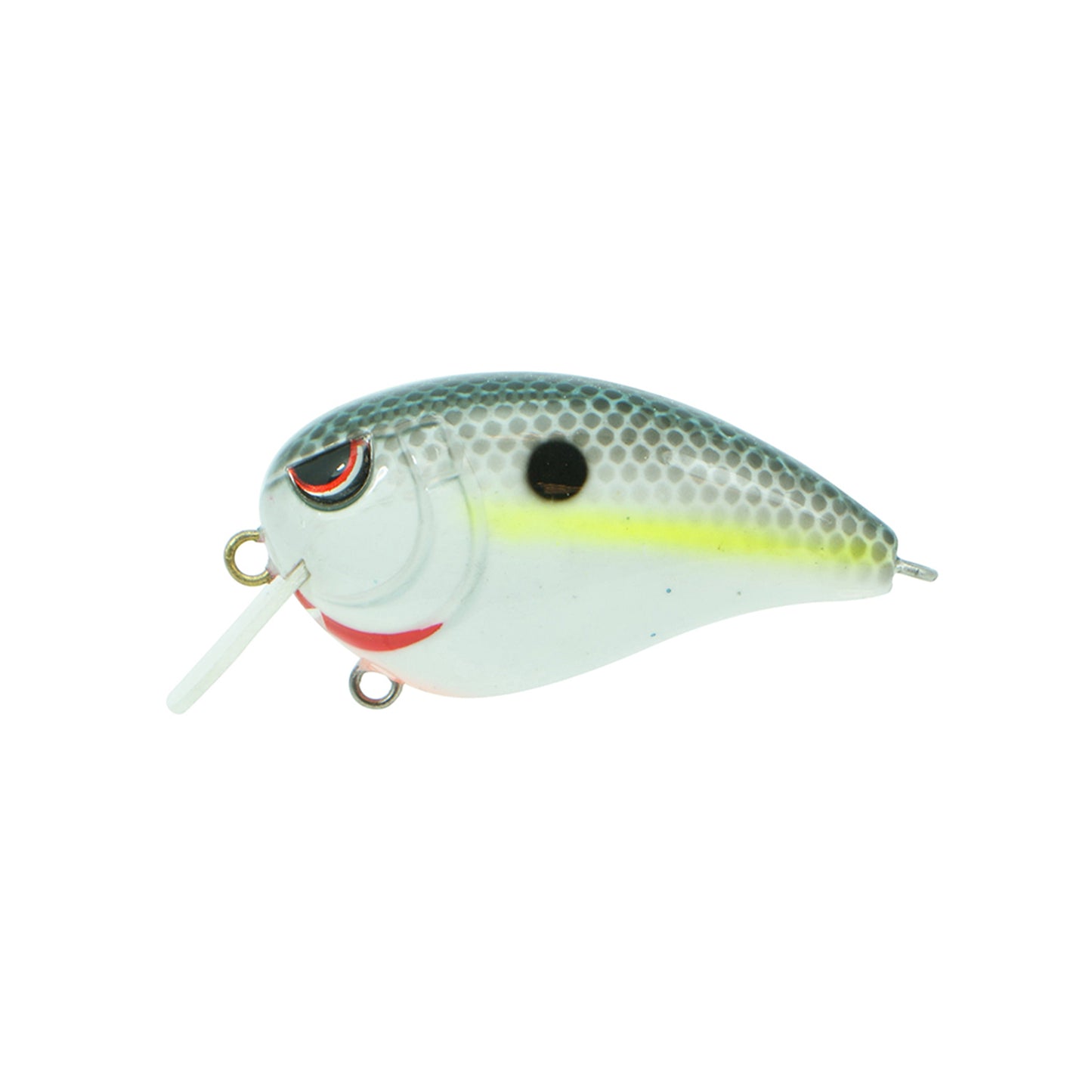 The SPRO Fat John 50 Crankbait features a gray spotted back, yellow side stripe, red gill detail, clear plastic lip, and sharp Gamakatsu treble hooks in a square bill design shaped like a small fish.
