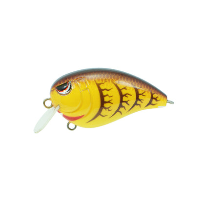 The SPRO Fat John 50 Crankbait is a yellow and brown, fish-shaped lure with a large eye, scale pattern, square bill design, transparent plastic lip, and metal attachment rings at each end.