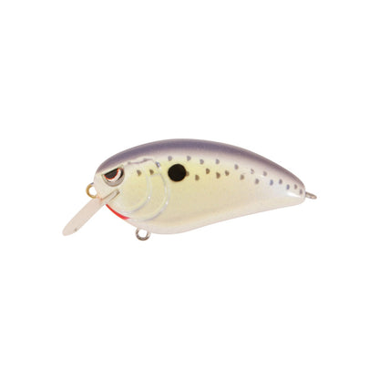 The SPRO Fat John 60 Crankbait is a small fish-shaped lure with a white body, black spots, purple-gray back, red accents near the mouth, Gamakatsu treble hooks, and a clear plastic lip for shallow water fishing.