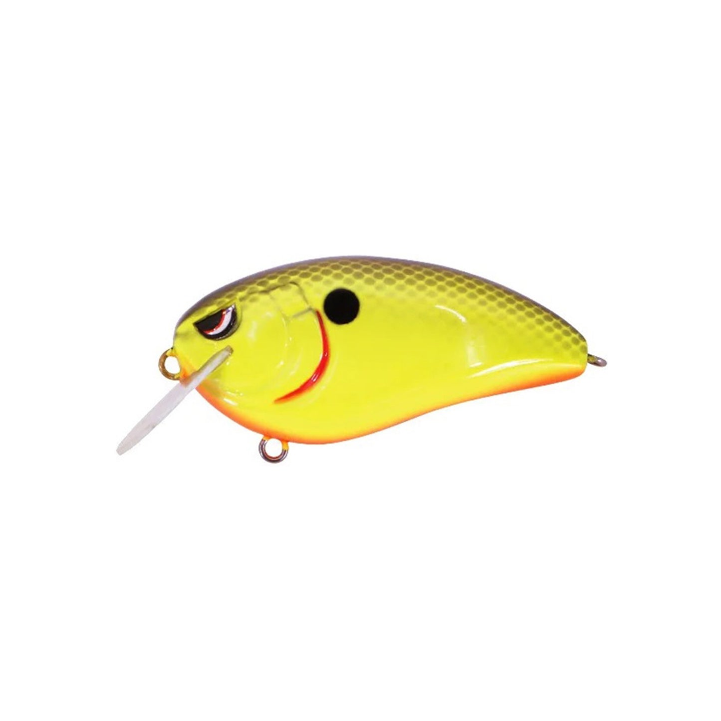 The SPRO Fat John 60 Crankbait is a yellow and green lure with a red accent, fish scale pattern, small clear lip, and sharp Gamakatsu treble hooks, designed to mimic a small fish.