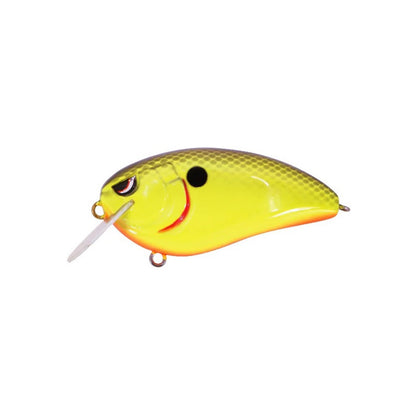 The SPRO Fat John 60 Crankbait is a yellow and green lure with a red accent, fish scale pattern, small clear lip, and sharp Gamakatsu treble hooks, designed to mimic a small fish.